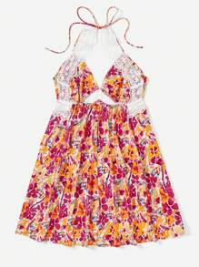 Dreamara Plus Floral Print Contrast Lace Tie Backless Dress - Multicolor - View 2