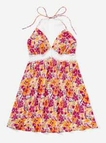 Dreamara Plus Floral Print Contrast Lace Tie Backless Dress - Multicolor - View 3