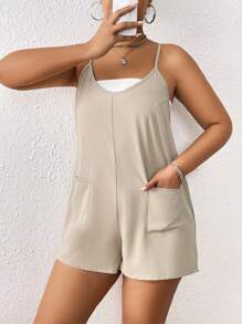 SHEIN EZwear Hơn Túi Kép Cami Romper Không có áo Top Tube - Màu Khaki - Xem 1