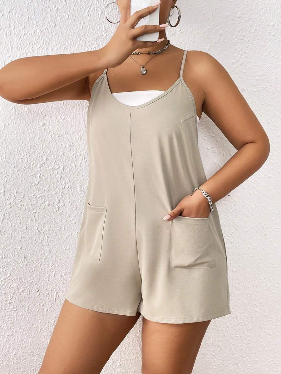 SHEIN EZwear Hơn Túi Kép Cami Romper Không có áo Top Tube - Màu Khaki - Xem 1