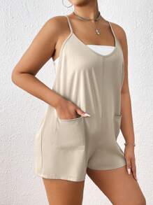 SHEIN EZwear Hơn Túi Kép Cami Romper Không có áo Top Tube - Màu Khaki - Xem 3