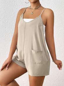 SHEIN EZwear Hơn Túi Kép Cami Romper Không có áo Top Tube - Màu Khaki - Xem 4