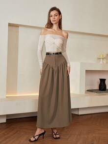 Solid Flare Skirt Without Belt - Mocha Brown - View 7