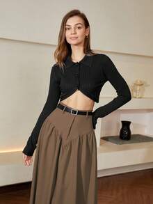 Solid Flare Skirt Without Belt - Mocha Brown - View 8