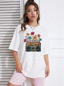 SHEIN Unity Floral And Radio Print Drop Shoulder Tee - White - View 3