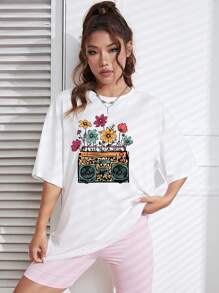 SHEIN Unity Floral And Radio Print Drop Shoulder Tee - White - View 4