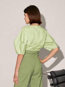 Notched Neckline Puff Sleeve Blouse - Olive Green - View 2
