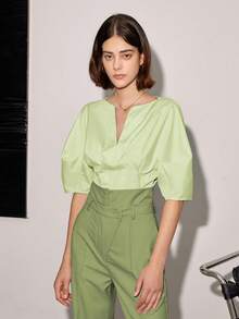 Notched Neckline Puff Sleeve Blouse - Olive Green - View 3