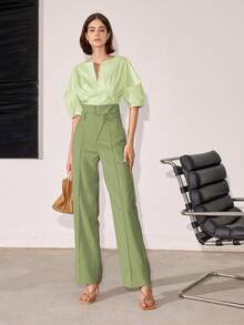 Notched Neckline Puff Sleeve Blouse - Olive Green - View 4