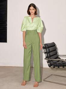 Notched Neckline Puff Sleeve Blouse - Olive Green - View 6