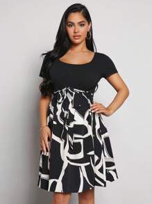 SHEIN Thai sản In Đồ họa Váy có thắt lưng - Đen và trắng - Xem 1