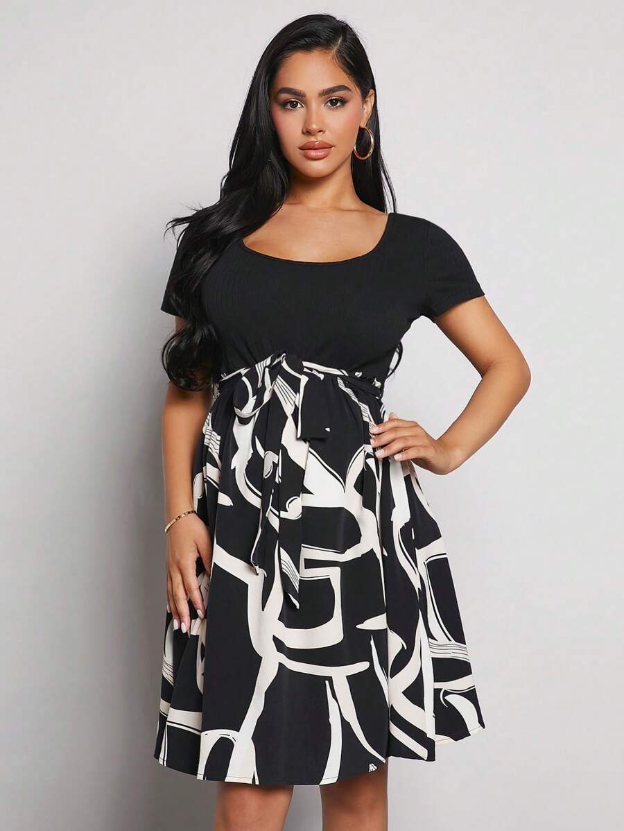 SHEIN Thai sản In Đồ họa Váy có thắt lưng - Đen và trắng - Xem 1