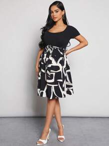 SHEIN Thai sản In Đồ họa Váy có thắt lưng - Đen và trắng - Xem 3