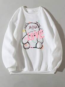 SHEIN EZwear 大碼熊和字母圖案加絨內裏運動衫 - 白色 - 查看 1