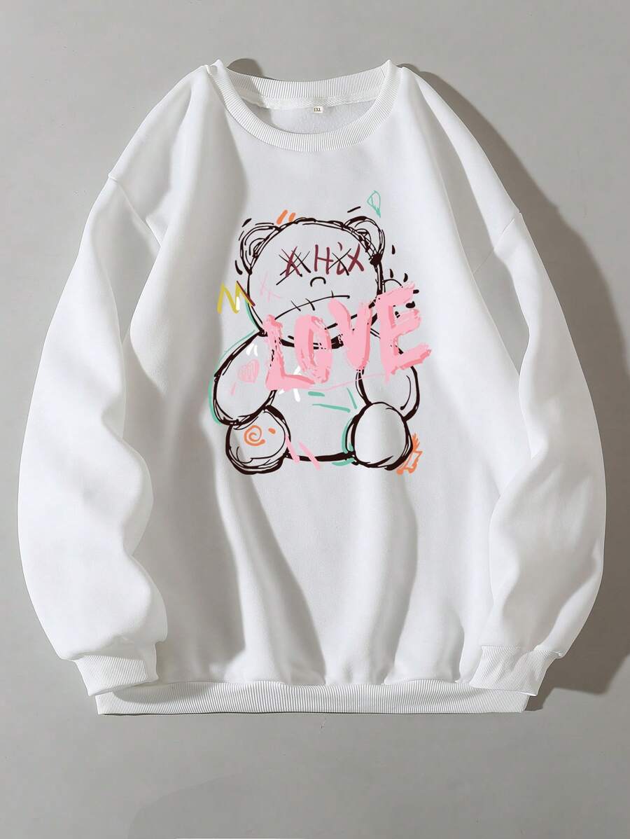 SHEIN EZwear 大碼熊和字母圖案加絨內裏運動衫 - 白色 - 查看 1