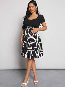 SHEIN Thai sản In Đồ họa Váy có thắt lưng - Đen và trắng - Xem 4