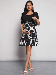 SHEIN Thai sản In Đồ họa Váy có thắt lưng - Đen và trắng - Xem 5