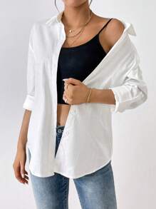 SHEIN Essnce Camisa unicolor con botón delantero - Blanco - Ver 3