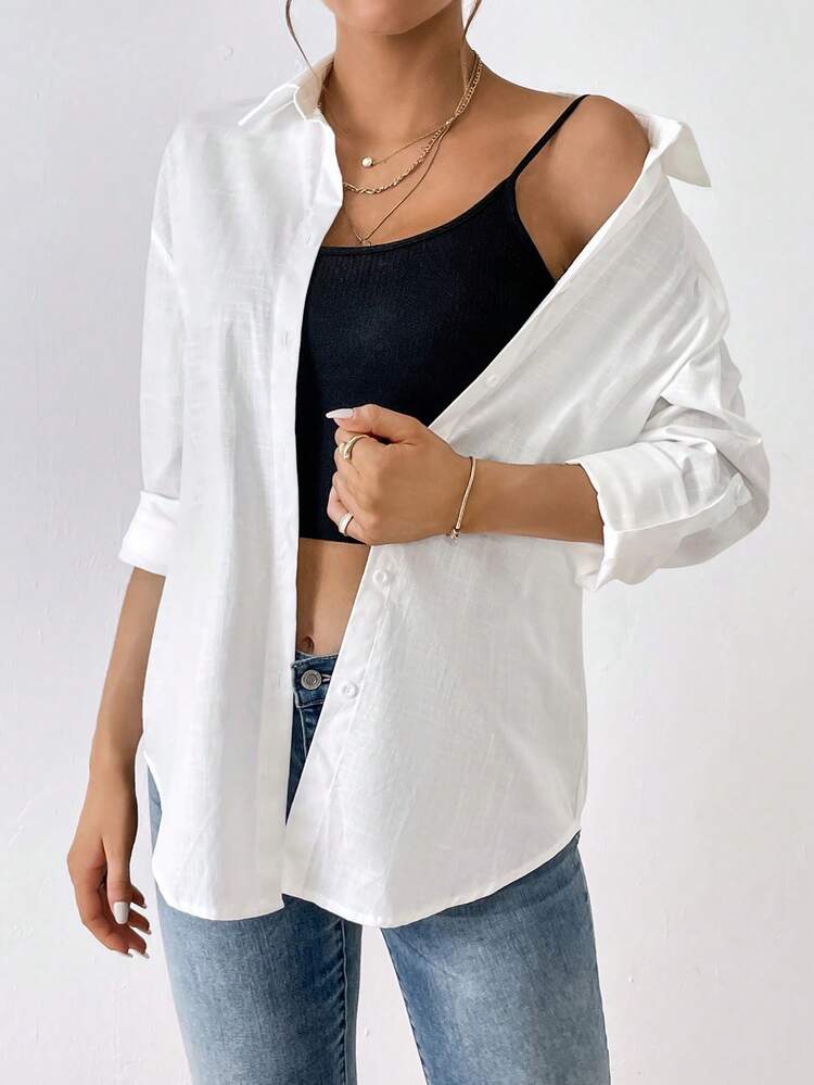 SHEIN Essnce Camisa unicolor con botón delantero - Blanco - Añade 3
