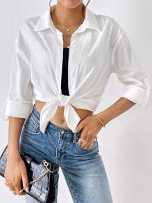 SHEIN Essnce Camisa unicolor con botón delantero - Blanco - Ver 4