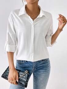 SHEIN Essnce Camisa unicolor con botón delantero - Blanco - Ver 5