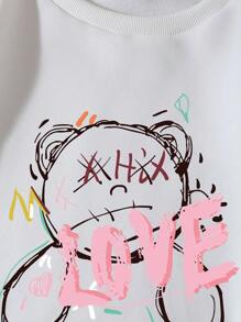 SHEIN EZwear 大碼熊和字母圖案加絨內裏運動衫 - 白色 - 查看 7