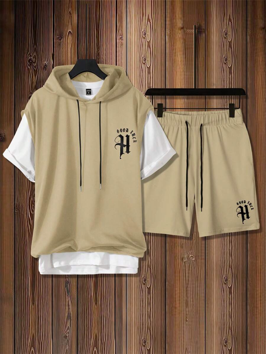 Aesthetic Post 男士字母圖案抽繩連帽背心上衣和短褲不帶T恤 - 卡其色 - 查看 1