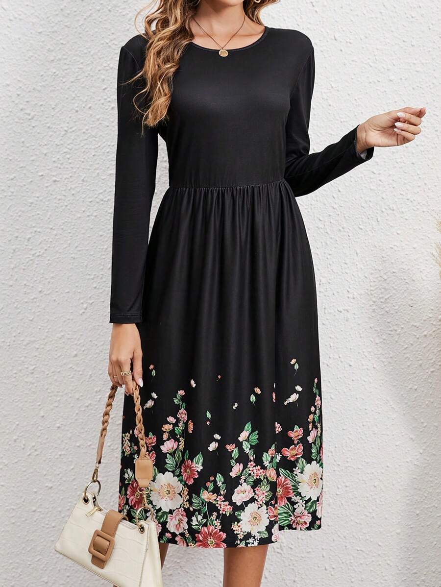 EMERY ROSE Floral Print A-line Dress - Black - View 1