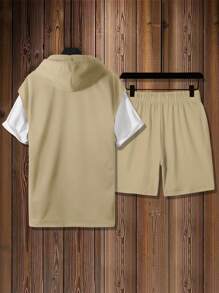 Aesthetic Post 男士字母圖案抽繩連帽背心上衣和短褲不帶T恤 - 卡其色 - 查看 2