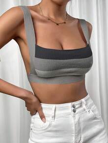 SHEIN EZwear Strick Crop Top mit Streifen Muster, - Grau - Übersicht 3