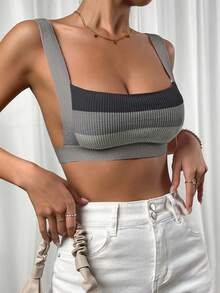 SHEIN EZwear Strick Crop Top mit Streifen Muster, - Grau - Übersicht 4