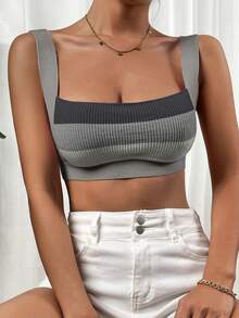 SHEIN EZwear Strick Crop Top mit Streifen Muster, - Grau - Übersicht 5