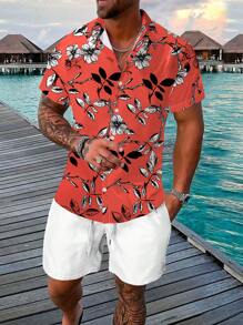 Manfinity RSRT 男士印花襯衫和腰部抽繩短褲 - 紅白色 - 查看 1