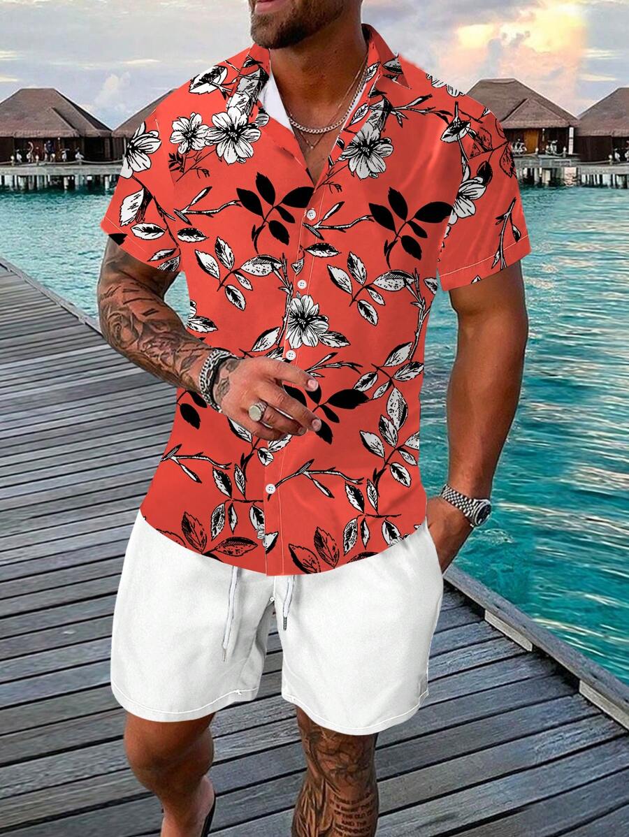 Manfinity RSRT 男士印花襯衫和腰部抽繩短褲 - 紅白色 - 查看 1