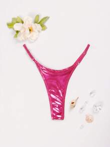 SHEIN Swim Summer Beach Metallic Thong Bikini Bottom - Hot Pink - View 3