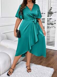 SHEIN LUNE Plus Butterfly Sleeve Knot Side Wrap Dress - Teal Blue - View 1