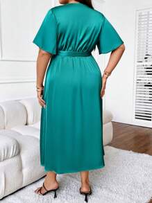 SHEIN LUNE Plus Butterfly Sleeve Knot Side Wrap Dress - Teal Blue - View 2