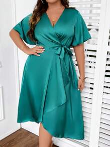 SHEIN LUNE Plus Butterfly Sleeve Knot Side Wrap Dress - Teal Blue - View 3