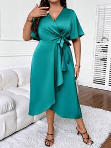 SHEIN LUNE Plus Butterfly Sleeve Knot Side Wrap Dress - Teal Blue - View 4