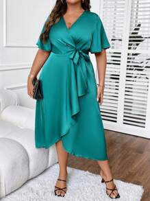 SHEIN LUNE Plus Butterfly Sleeve Knot Side Wrap Dress - Teal Blue - View 6