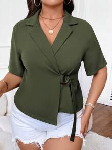 SHEIN LUNE 大碼西裝領圍裹側打結襯衫 - 軍綠色 - 查看 1