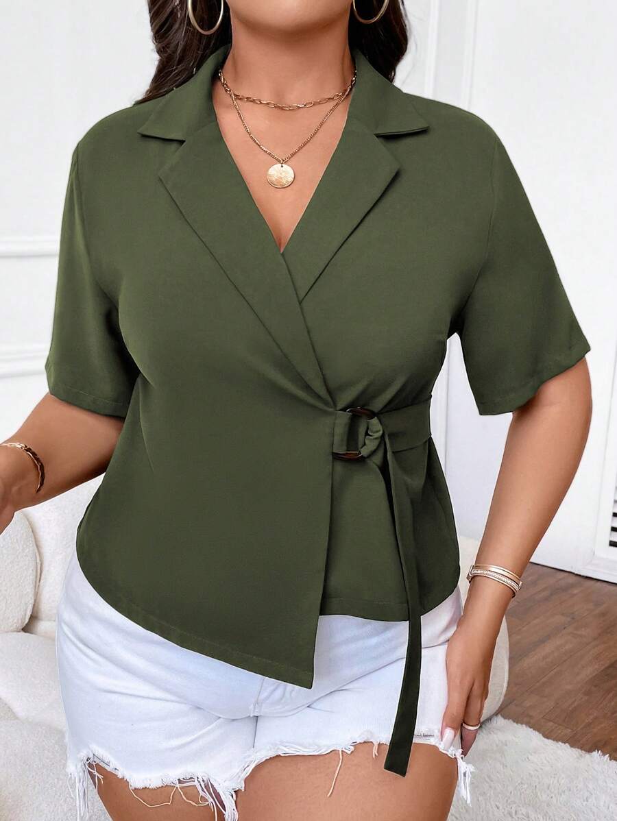 SHEIN LUNE 大碼西裝領圍裹側打結襯衫 - 軍綠色 - 查看 1