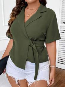 SHEIN LUNE 大碼西裝領圍裹側打結襯衫 - 軍綠色 - 查看 3