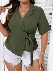 SHEIN LUNE 大碼西裝領圍裹側打結襯衫 - 軍綠色 - 查看 4