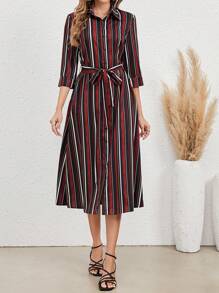 EMERY ROSE 條紋印花腰帶襯衫洋裝