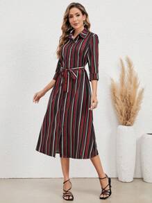 EMERY ROSE 條紋印花腰帶襯衫洋裝