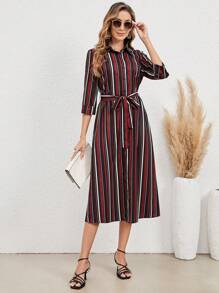 EMERY ROSE 條紋印花腰帶襯衫洋裝