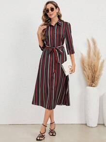 EMERY ROSE 條紋印花腰帶襯衫洋裝