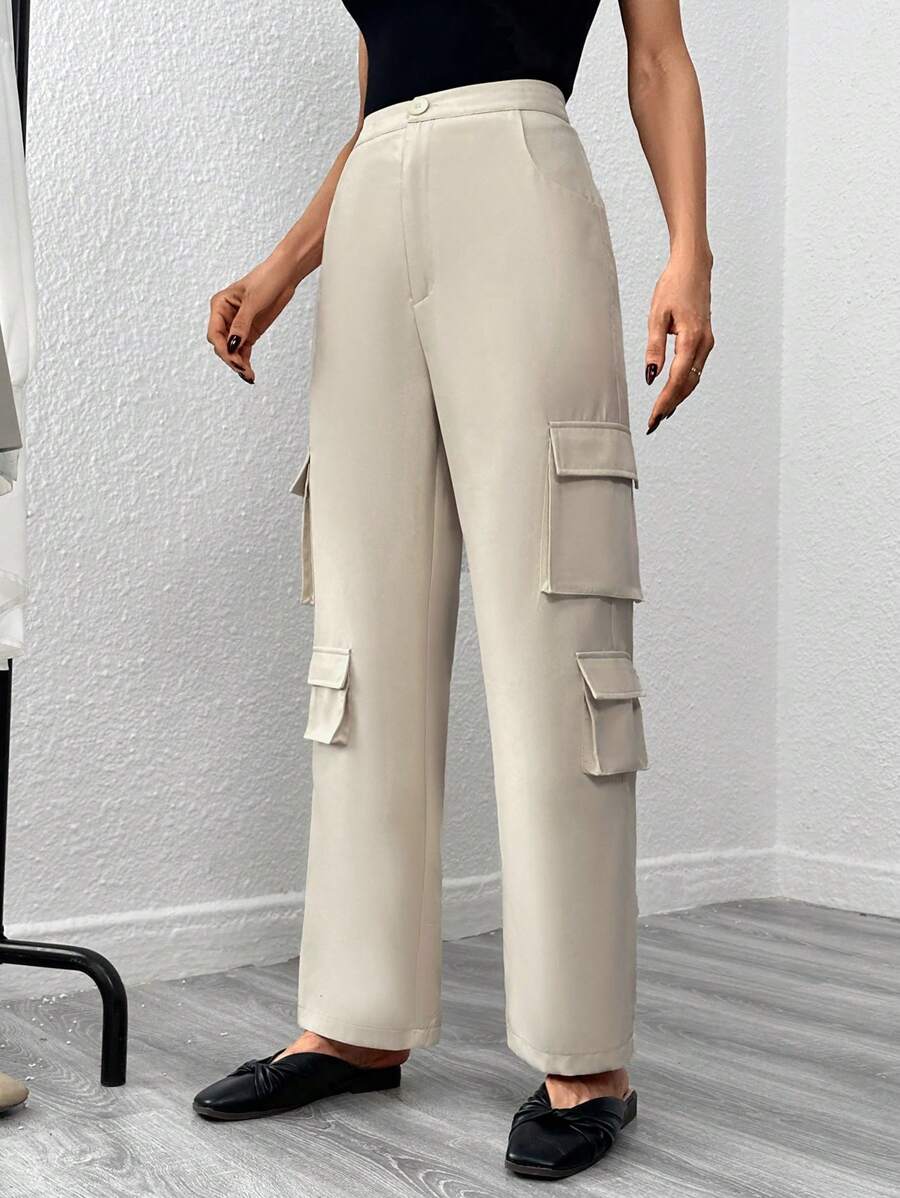 SHEIN Unity Flap Pocket Side Cargo Trousers - Beige - View 1