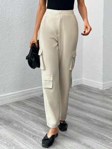 SHEIN Unity Flap Pocket Side Cargo Trousers - Beige - View 3